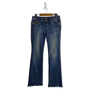 Cello Women's Low Rise Medium Indigo Frayed Hem Denim Jeans